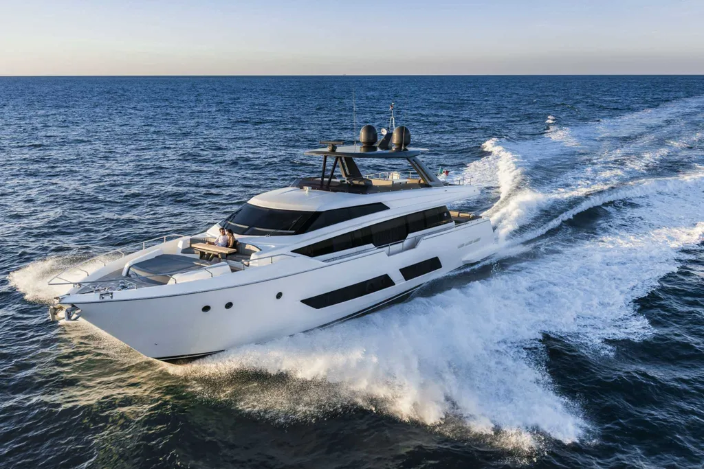 Alt Text: Ferretti 850 Charter Porto Cervo luxury yacht cruising Costa Smeralda