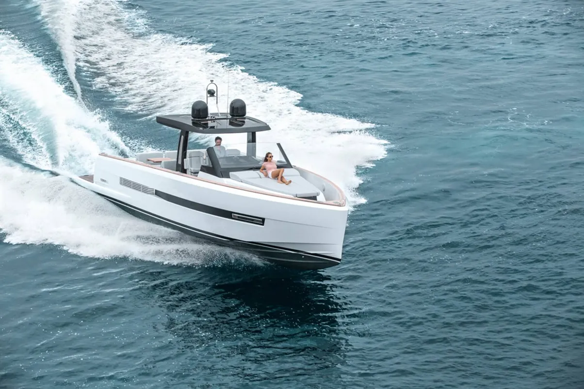 Fjord 44 luxury yacht charter cruising in open sea Porto Cervo Sardinia Italy